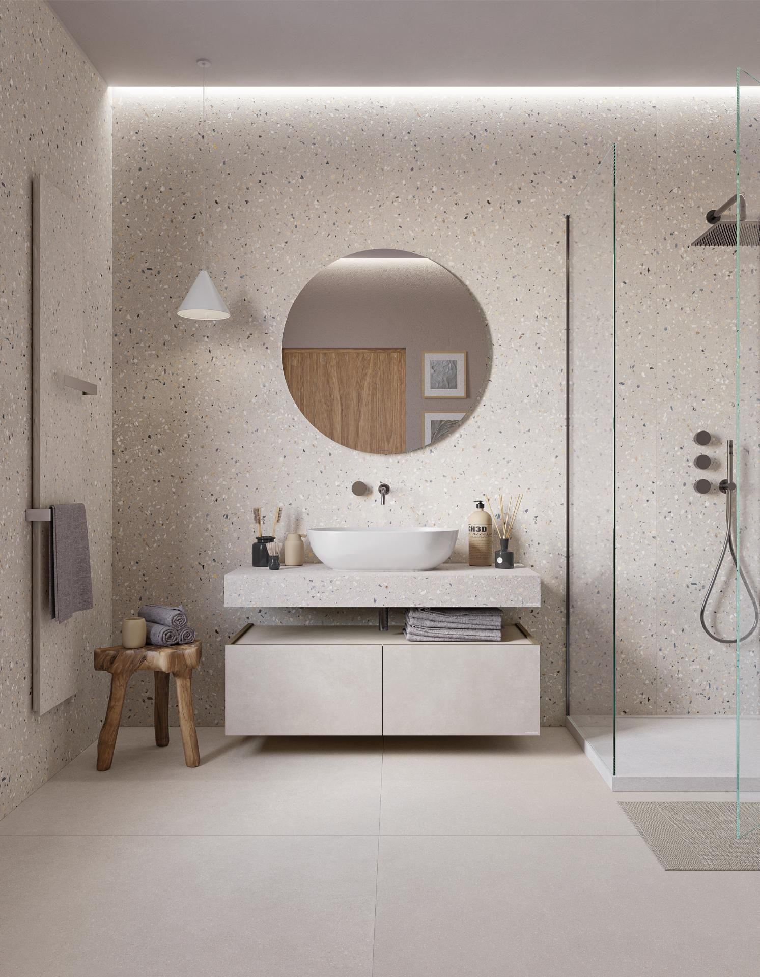 Minimalistische badkamer met betonlook wand- en vloertegels