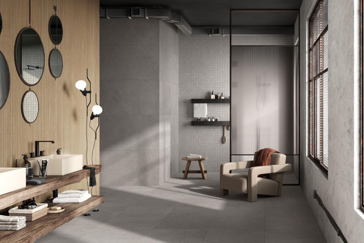 Badkamer met grijze betonlook keramische tegels